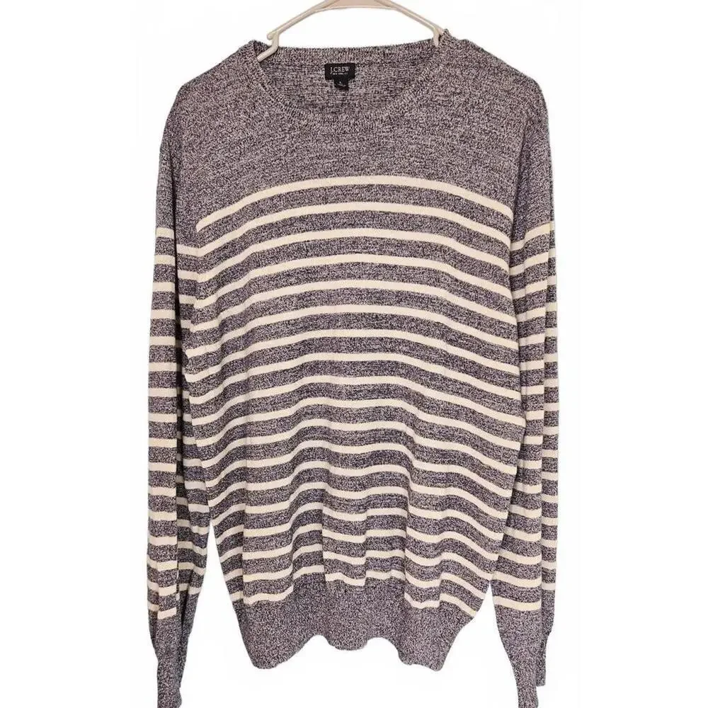 J.Crew Men's Blue and White Striped Crew Neck‎ Sweater Large